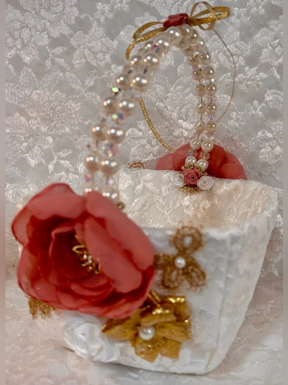 🥂 Gold White and Rose Blush Ring Pillow and Flower Basket Set